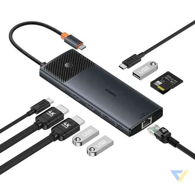 Adapter Hub 10in1 Baseus USB C 2xHDMI 3xUSB A USB C RJ45 SD/TF PD (black) Hubs