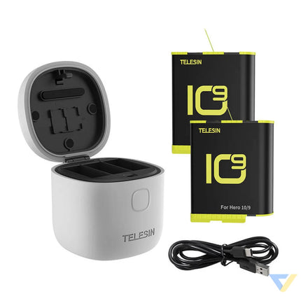 Allin box Telesin waterproof three channel charger + 2 batteries for GoPro Hero 12 / Hero 11 / Hero 10 / Hero 9 (GP BTR