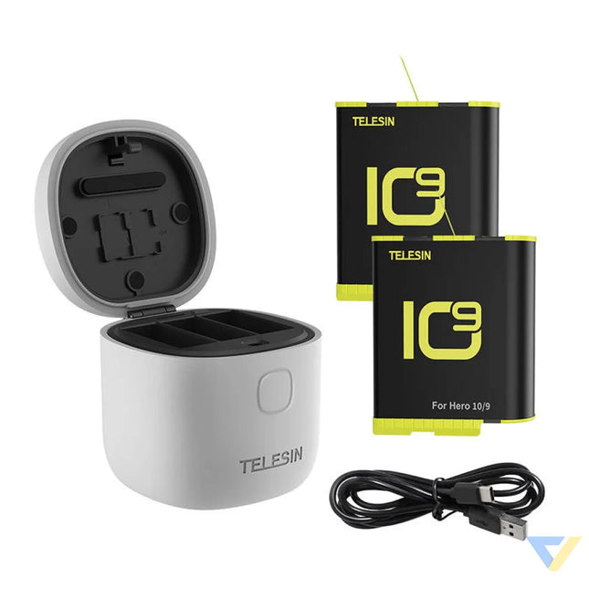 Allin box Telesin waterproof three channel charger + 2 batteries for GoPro Hero 12 / Hero 11 / Hero 10 / Hero 9 (GP BTR