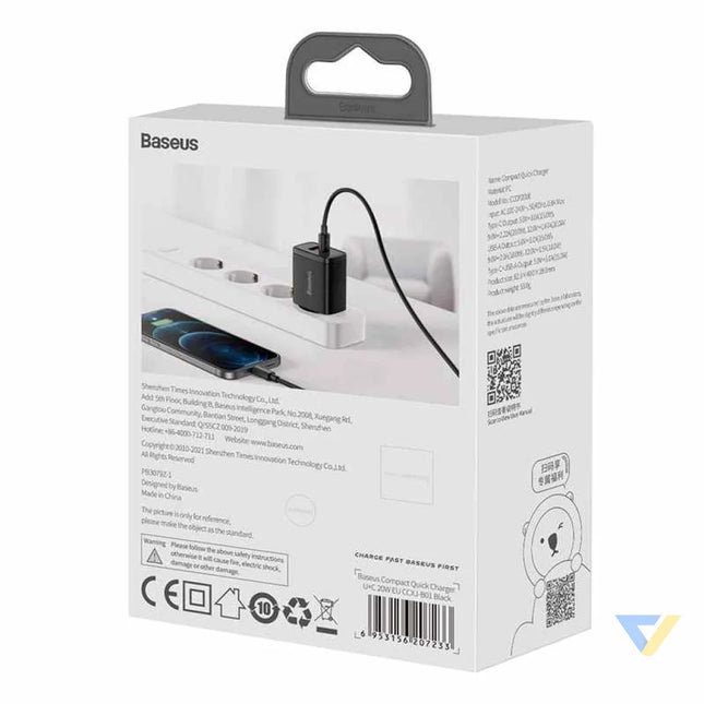 Baseus Compact Quick Charger USB USB C 20W (black) mains chargers