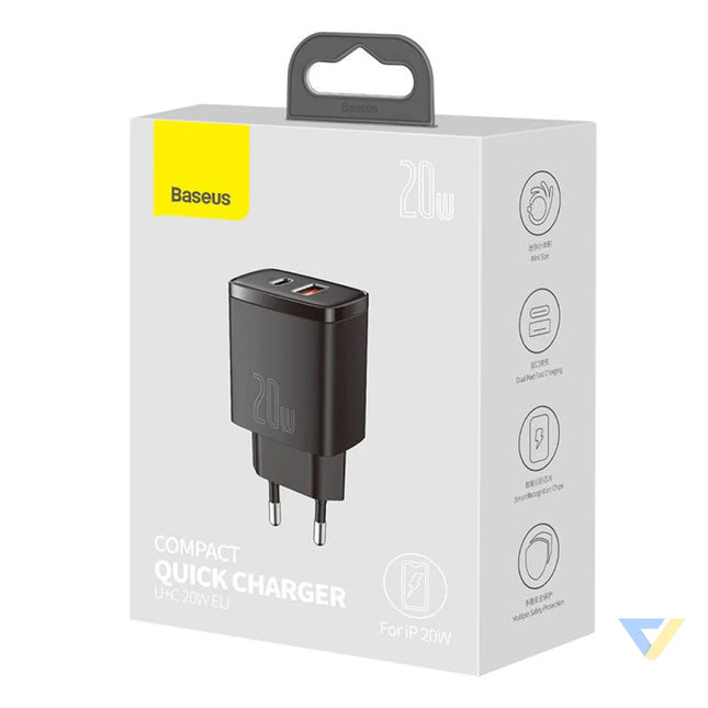 Baseus Compact Quick Charger USB USB C 20W (black) mains chargers