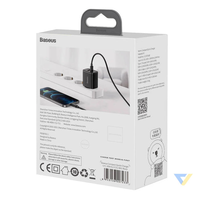 Baseus Compact Quick Charger USB USB C 20W (black) mains chargers