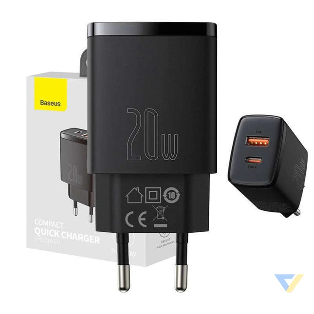 Baseus Compact Quick Charger USB USB C 20W (black) mains chargers