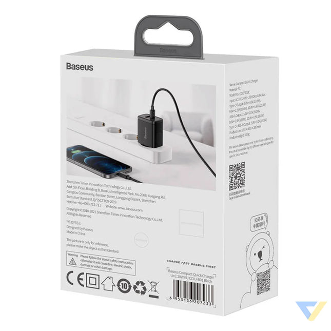Baseus Compact Quick Charger USB USB C 20W (black) mains chargers