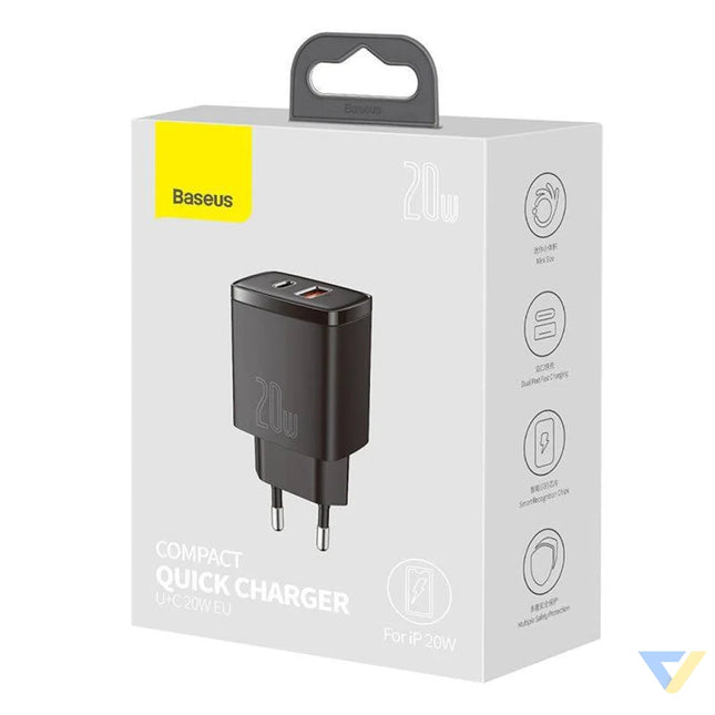 Baseus Compact Quick Charger USB USB C 20W (black) mains chargers