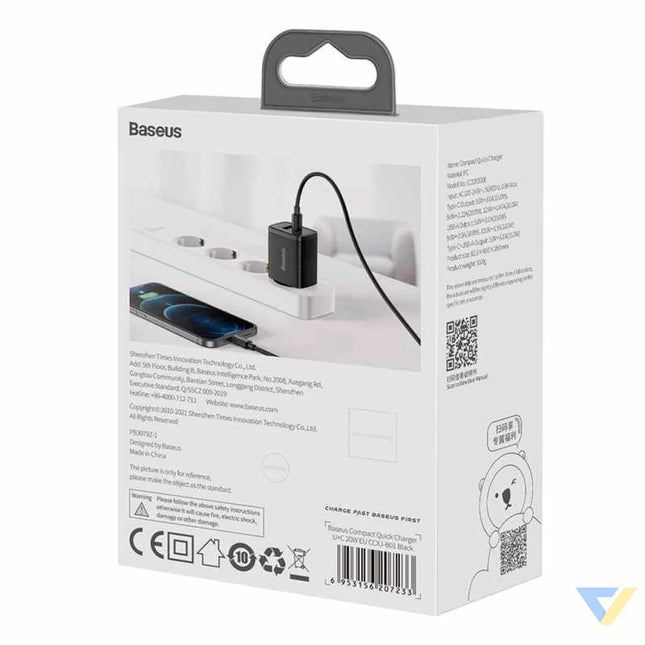 Baseus Compact Quick Charger USB USB C 20W (black) mains chargers