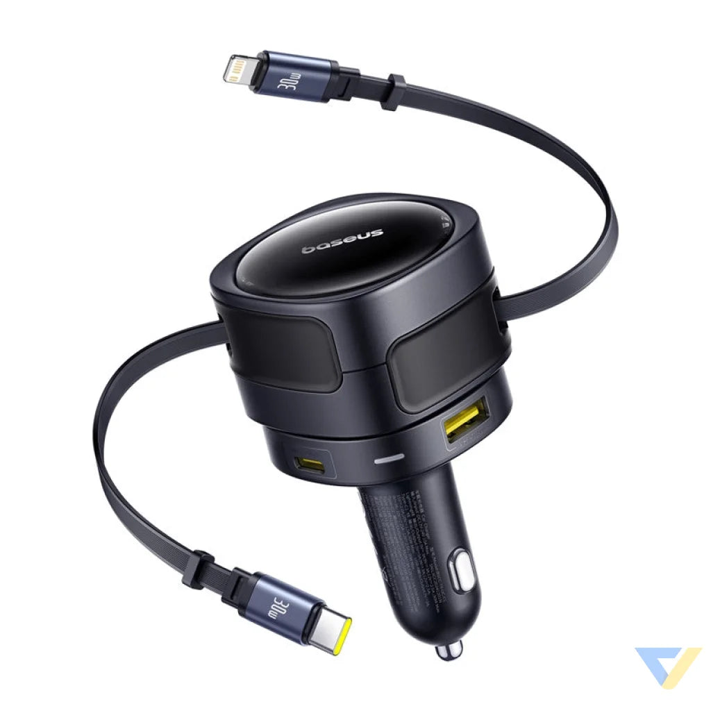Baseus Enjoyment Max car charger with USB C + Lightning cables and USB A + USB C ports 90W Black Car chargers