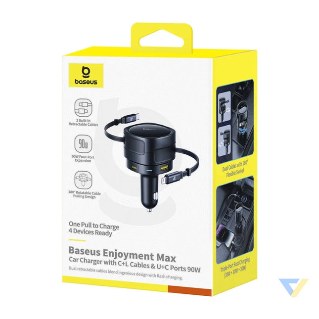Baseus Enjoyment Max car charger with USB C + Lightning cables and USB A + USB C ports 90W Black Car chargers