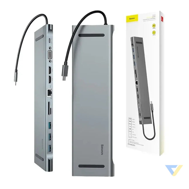 Baseus Enjoyment Series Multi functional Type C intelligent HD HUB（PD/HD4K*2/VGA/RJ45/SD/TF/USB*3/Audio*1/Stand)Dark