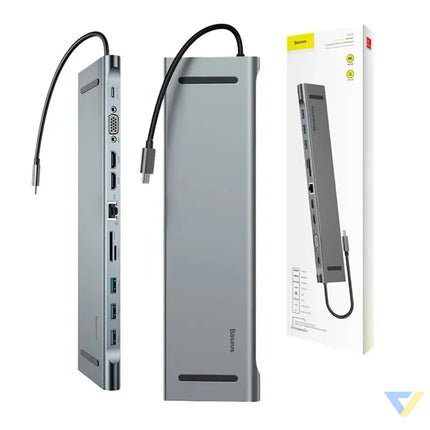 Baseus Enjoyment Series Multi functional Type C intelligent HD HUB（PD/HD4K*2/VGA/RJ45/SD/TF/USB*3/Audio*1/Stand)Dark