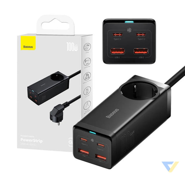 Baseus GaN3 Pro wall charger / powerstrip 2xUSB + 2xUSB C + AC 100W (black) mains chargers