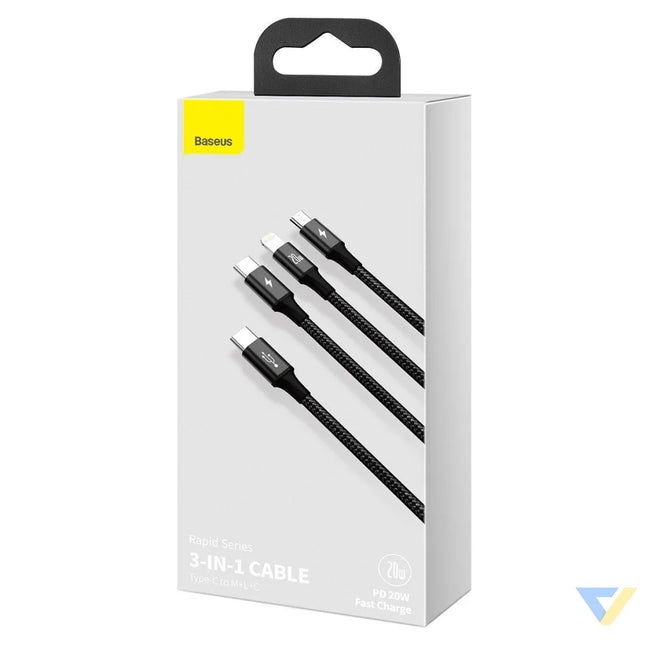 Baseus Rapid Series 3 in 1 cable USB C For M + L + T 20W 1.5m Black Combo Cables