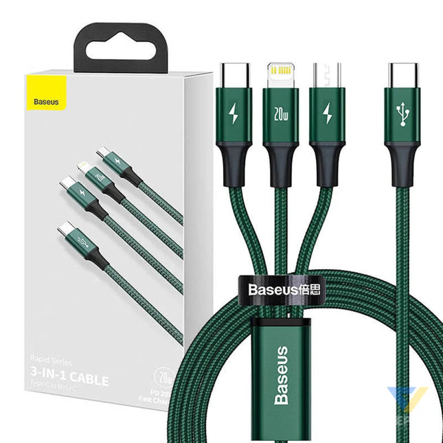 Baseus Rapid Series 3 in 1 cable USB C For M + L + T 20W 1.5m (Green) Combo Cables