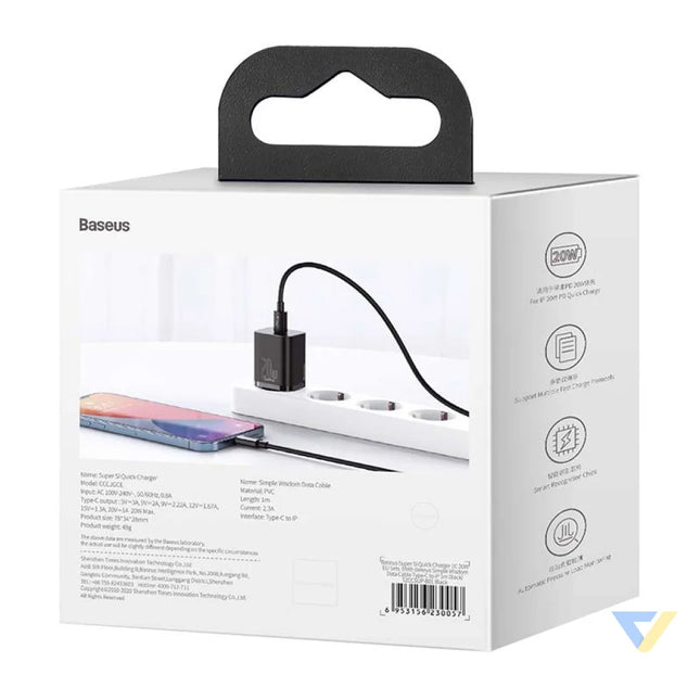 Baseus Super Si Quick Charger 1C 20W with USB C cable for Lightning 1m (black) mains chargers