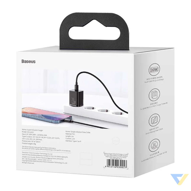 Baseus Super Si Quick Charger 1C 20W with USB C cable for Lightning 1m (black) mains chargers