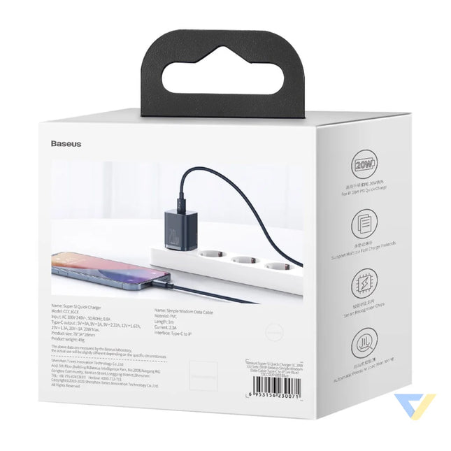 Baseus Super Si Quick Charger 1C 20W with USB C cable for Lightning 1m (blue) mains chargers