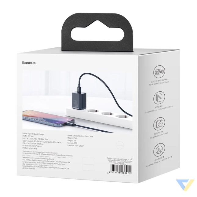 Baseus Super Si Quick Charger 1C 20W with USB C cable for Lightning 1m (blue) mains chargers