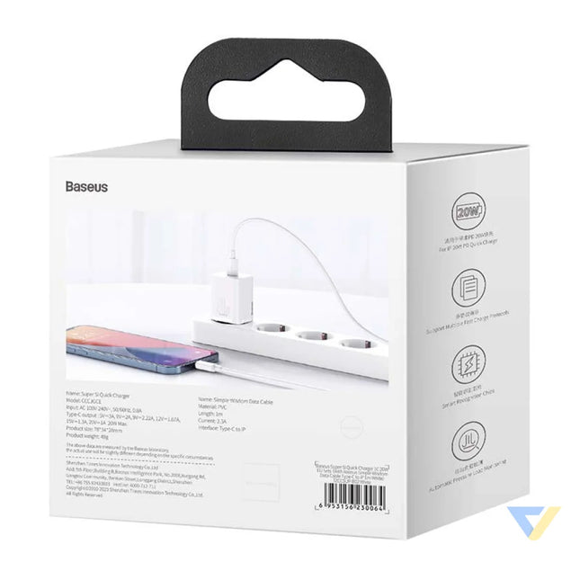 Baseus Super Si Quick Charger 1C 20W with USB C cable for Lightning 1m (white) mains chargers