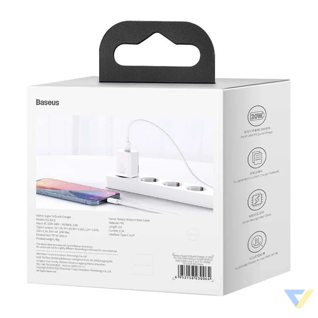 Baseus Super Si Quick Charger 1C 20W with USB C cable for Lightning 1m (white) mains chargers