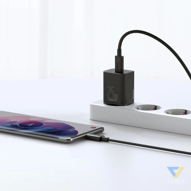 Baseus Super Si Quick Charger 1C 25W with USB C cable for USB C 1m (black) mains chargers