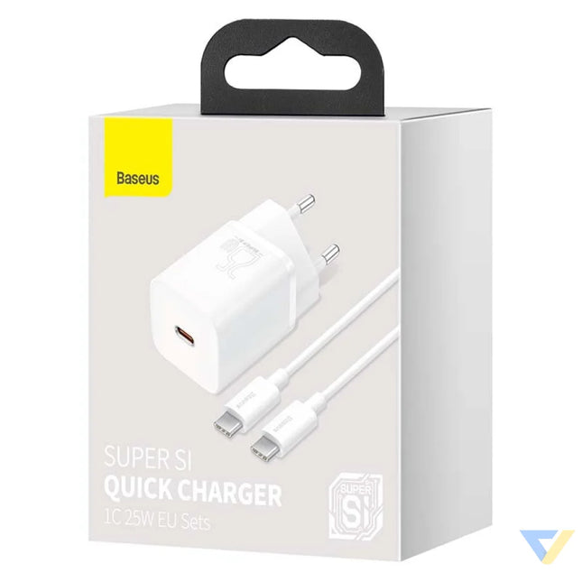 Baseus Super Si Quick Charger 1C 25W with USB C cable for USB C 1m (white) mains chargers