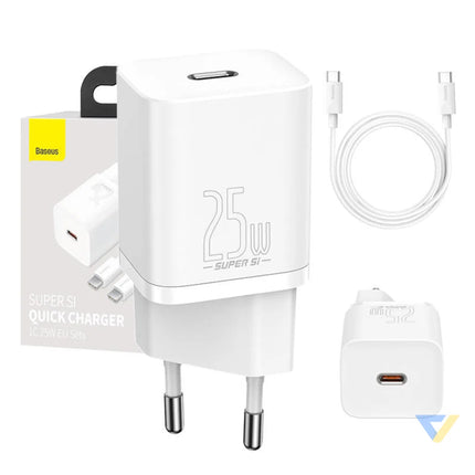 Baseus Super Si Quick Charger 1C 25W with USB C cable for USB C 1m (white) mains chargers