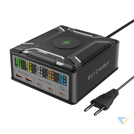 Blitzwolf BW S28 260W 2xUSB A 3xUSB C 15W wireless charger (black) mains chargers