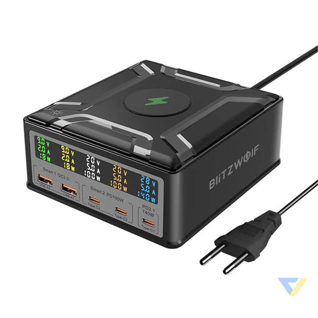 Blitzwolf BW S28 260W 2xUSB A 3xUSB C 15W wireless charger (black) mains chargers