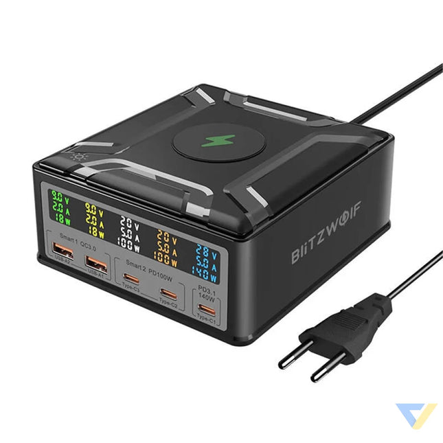 Blitzwolf BW S28 260W 2xUSB A 3xUSB C 15W wireless charger (black) mains chargers