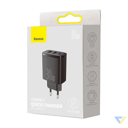 Charger Baseus Compact Quick Charger 2xUSB USB C PD 3A 30W (czarna) mains chargers