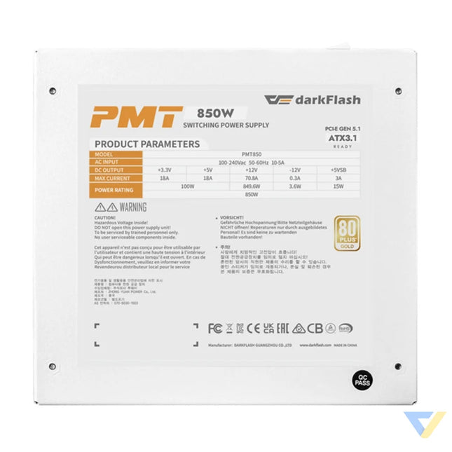 Darkflash PMT 80 Plus Gold 850W computer power supply (white) Computer power supplies