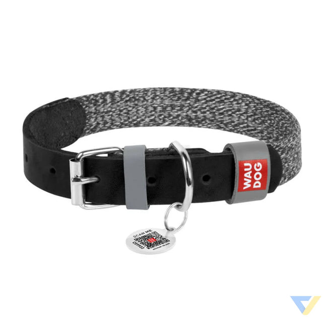 Dog collar made of natural leather and recycled material with QR code Waudog size S width 15 mm black Walking and
