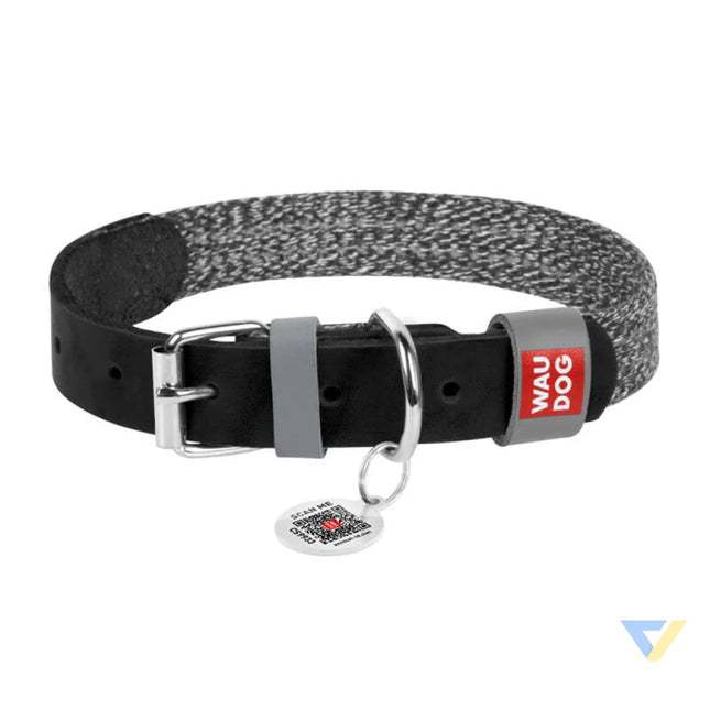Dog collar made of natural leather and recycled material with QR code Waudog size S width 15 mm black Walking and
