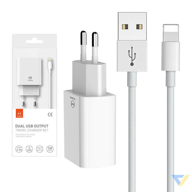Dual USB charger Mcdodo CH 6720 (EU) Lightning 1m Travel set (white) mains chargers