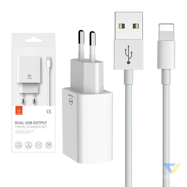 Dual USB charger Mcdodo CH 6720 (EU) Lightning 1m Travel set (white) mains chargers
