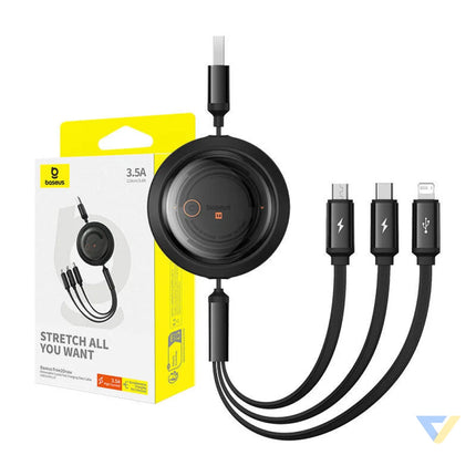Fast Charging Cable 3in1 Baseus Free2Draw USB to micro USB + USB C + Lightning 3.5A 1.1m (black) Combo Cables