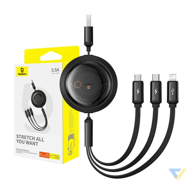 Fast Charging Cable 3in1 Baseus Free2Draw USB to micro USB + USB C + Lightning 3.5A 1.1m (black) Combo Cables