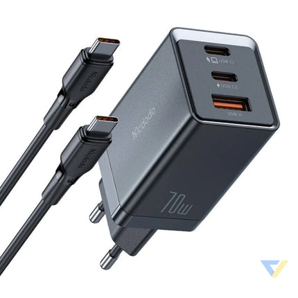 GaN Mcdodo CH 1543 network charger 2x USB C 1x USB 67W + USB C to USB C 2m cable (black) mains chargers