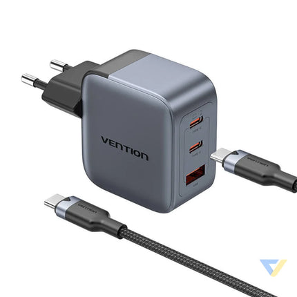 GaN Vention USB C + C + A 70W Charger + USB C C Cable 1m (Gray) mains chargers