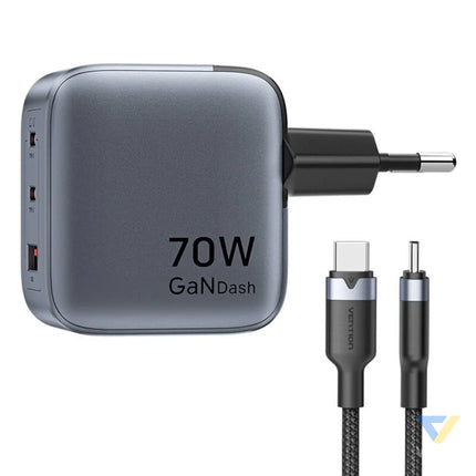 GaN Vention USB C + C + A 70W Charger + USB C C Cable 1m (Gray) mains chargers