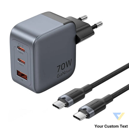 GaN Vention USB C + C + A 70W Charger + USB C C Cable 1m (Gray) mains chargers