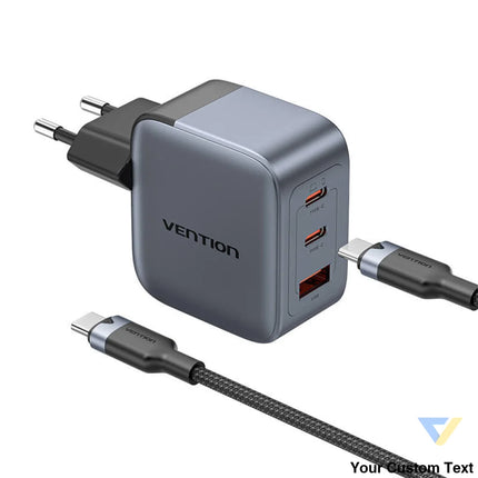 GaN Vention USB C + C + A 70W Charger + USB C C Cable 1m (Gray) mains chargers