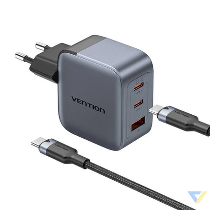 GaN Vention USB C + C + A 70W Charger + USB C C Cable 1m (Gray) mains chargers
