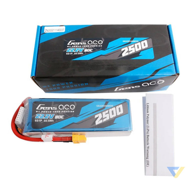 Gens ace 2500mAh 22.2V 80C 6S1P Lipo Battery Pack with XT60 plug Lithium and NiMH
