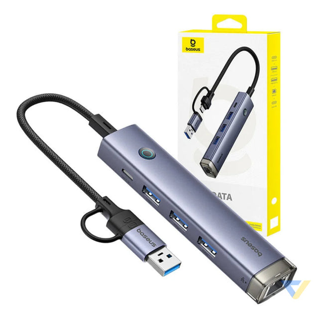 Hub 4in1 Baseus UltraJoy USB A&USB C to 3xUSB3.0 + USB C + RJ45 (grey) Hubs