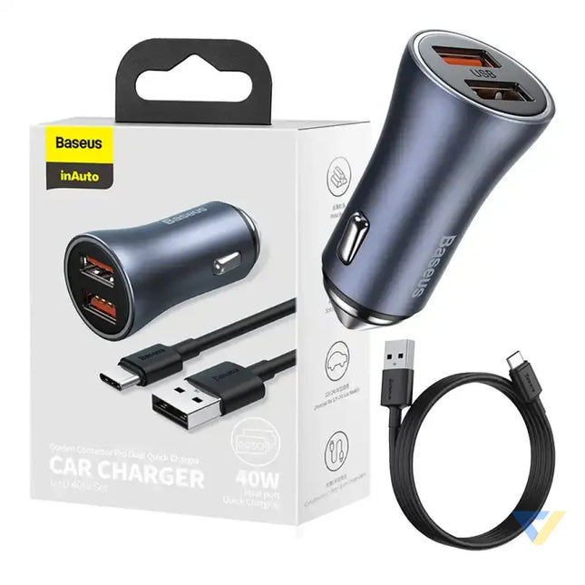 Ładowarka samochodowa Baseus Golden Contactor Pro 2x USB 40W (szara) + kabel USB do USB C 1m (czarny) Car chargers