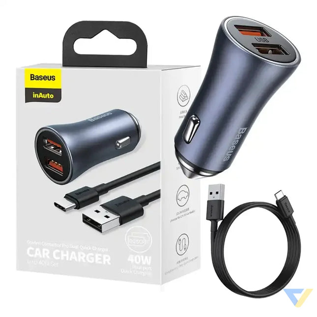Ładowarka samochodowa Baseus Golden Contactor Pro 2x USB 40W (szara) + kabel USB do USB C 1m (czarny) Car chargers