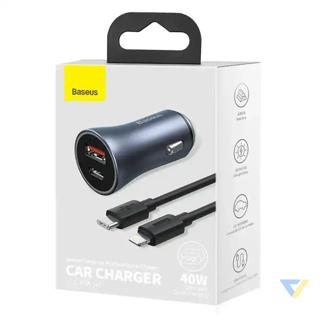 Ładowarka samochodowa Baseus Golden Contactor Pro USB + USB C QC4.0 + PD SCP 40W (szara) + kabel USB C do iP 1m