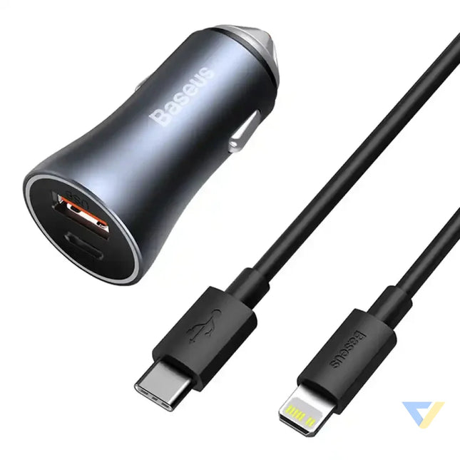Ładowarka samochodowa Baseus Golden Contactor Pro USB + USB C QC4.0 + PD SCP 40W (szara) + kabel USB C do iP 1m
