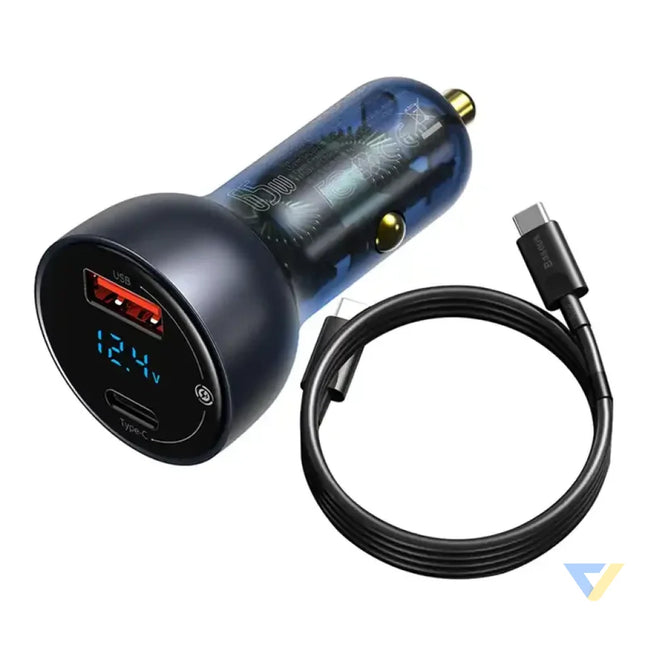 Ładowarka samochodowa Baseus Particular Digital Display z wyświetlaczem USB + USB C QC3.0 + PD 5A 65W (szara) + kabel